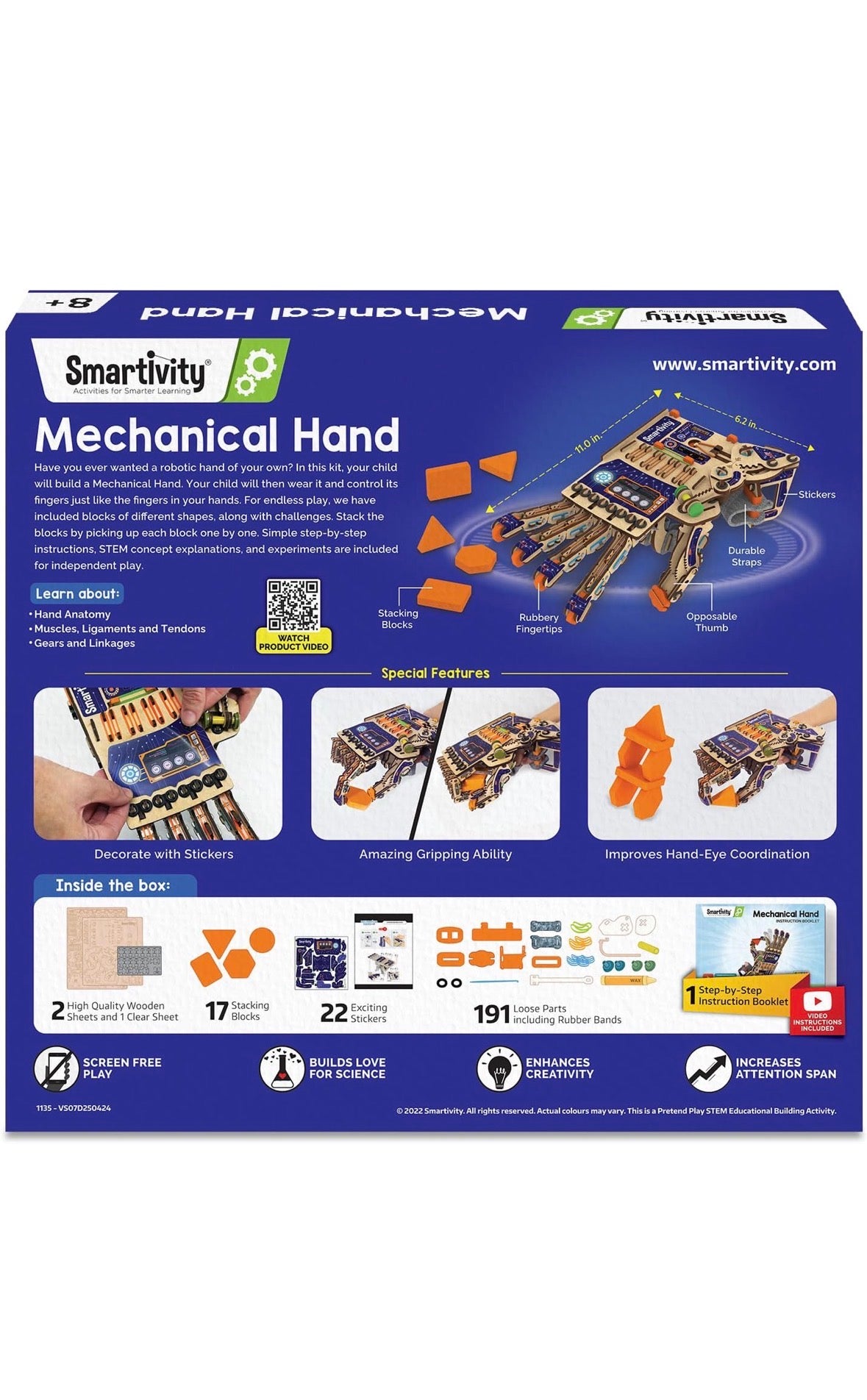 Smartivity Robotic Mechanical Hand | DIY STEAM Building Kit for Kids 8-14 | Learn Anatomy, Engineering & Biomimicry | Free Stickers Included | Eco-Friendly STEM Toy