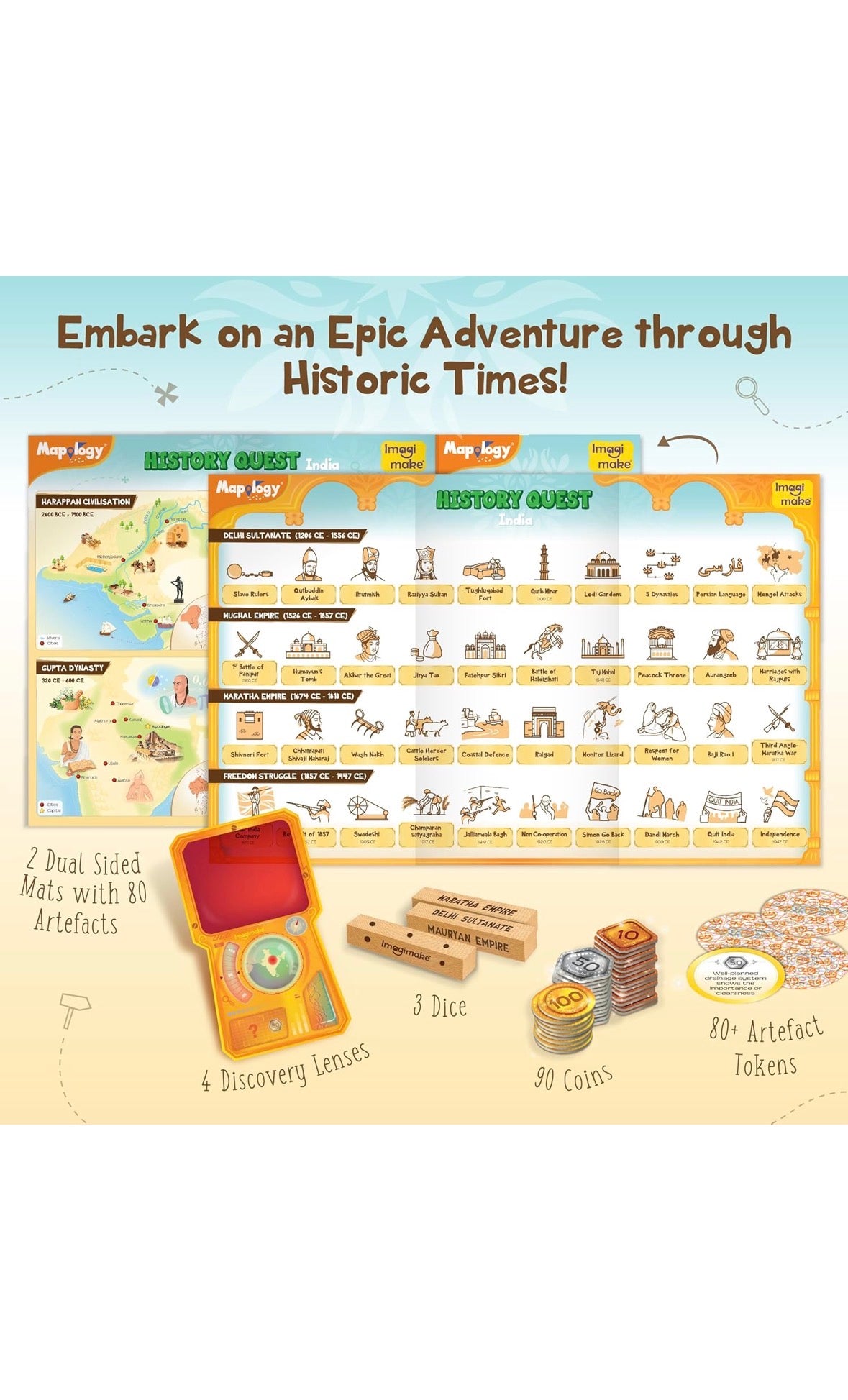 Mapology History Quest India - Educational Board Game | Explore 8 Eras of Indian History with Discovery Lenses & Artefacts | Fun Learning Toy for Kids 8+ | 2-4 Players