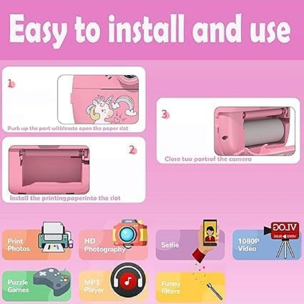 Instant Print Camera for Kids, Dual Selfie Digital Camera with 1080P HD Videos Recoding, 48 MP BT & App Control Instant Photo Printer for Girls (2 in 1 Instant Camera Multi Colour)