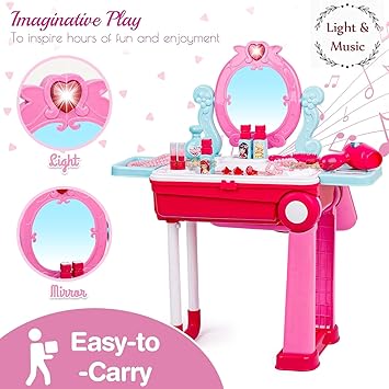 Zest 4 Toyz Beauty Makeup Kit for Doll Girls Cosmetic Set 2 in 1 Vanity Table Portable Trolley Pretend Play Set Toy with Make up Accessories for Kids Plastic (Pink) 21 Pieces