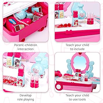 Zest 4 Toyz Beauty Makeup Kit for Doll Girls Cosmetic Set 2 in 1 Vanity Table Portable Trolley Pretend Play Set Toy with Make up Accessories for Kids Plastic (Pink) 21 Pieces