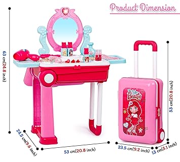 Zest 4 Toyz Beauty Makeup Kit for Doll Girls Cosmetic Set 2 in 1 Vanity Table Portable Trolley Pretend Play Set Toy with Make up Accessories for Kids Plastic (Pink) 21 Pieces