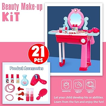 Zest 4 Toyz Beauty Makeup Kit for Doll Girls Cosmetic Set 2 in 1 Vanity Table Portable Trolley Pretend Play Set Toy with Make up Accessories for Kids Plastic (Pink) 21 Pieces