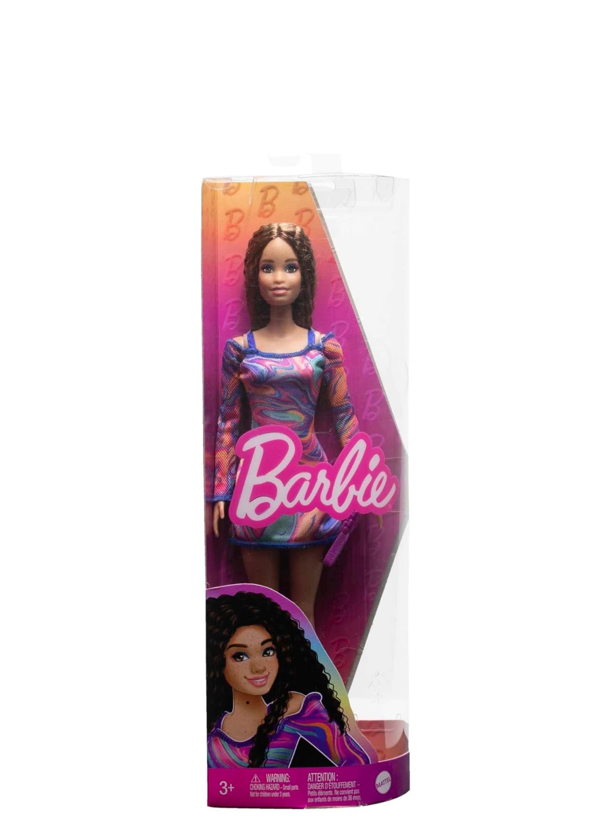Barbie Fashion Doll – Color-Swirl Dress & Teal Heels | Sparkle Skin Edition