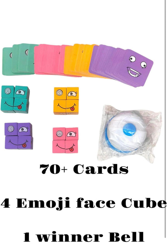 Emoji Face Matching Game – 70+ Challenge Cards, 4 Emoji Face Cubes & Winner Bell (Family & Kids Fun Game)