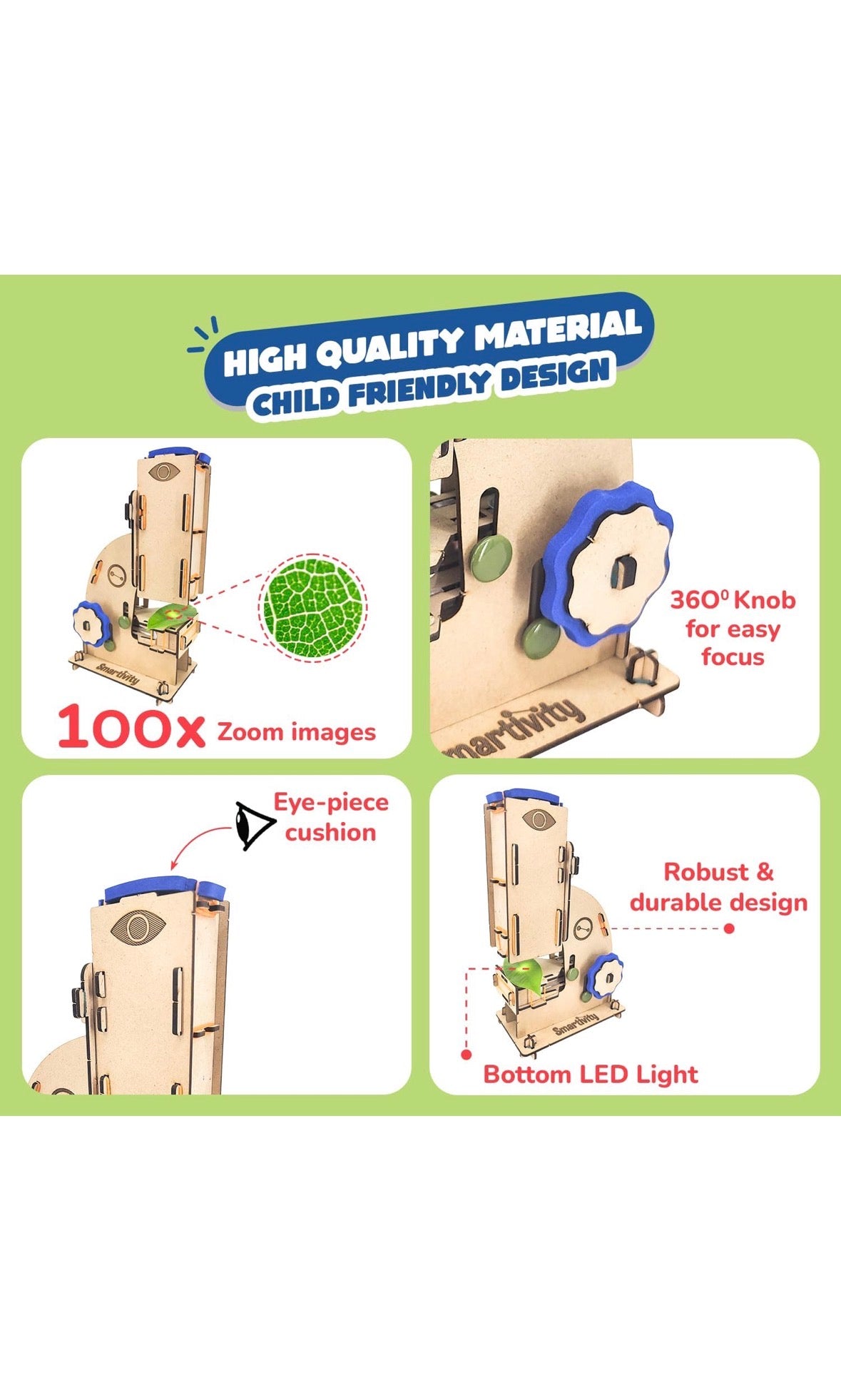 Smartivity STEM DIY Microscope Kit - Wooden 100x Zoom Educational Toy for Kids Ages 8+