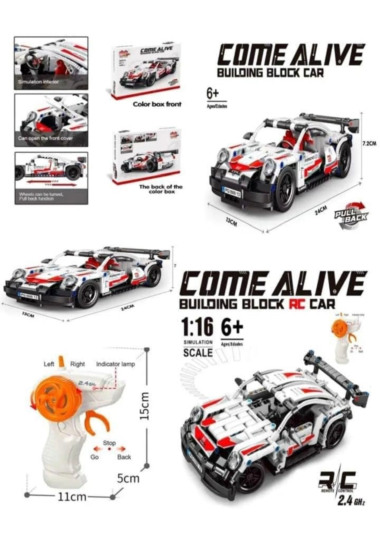 Come Alive 2-in-1 RC Building Block Car Kit - Pull-Back & Remote Control Sports Car