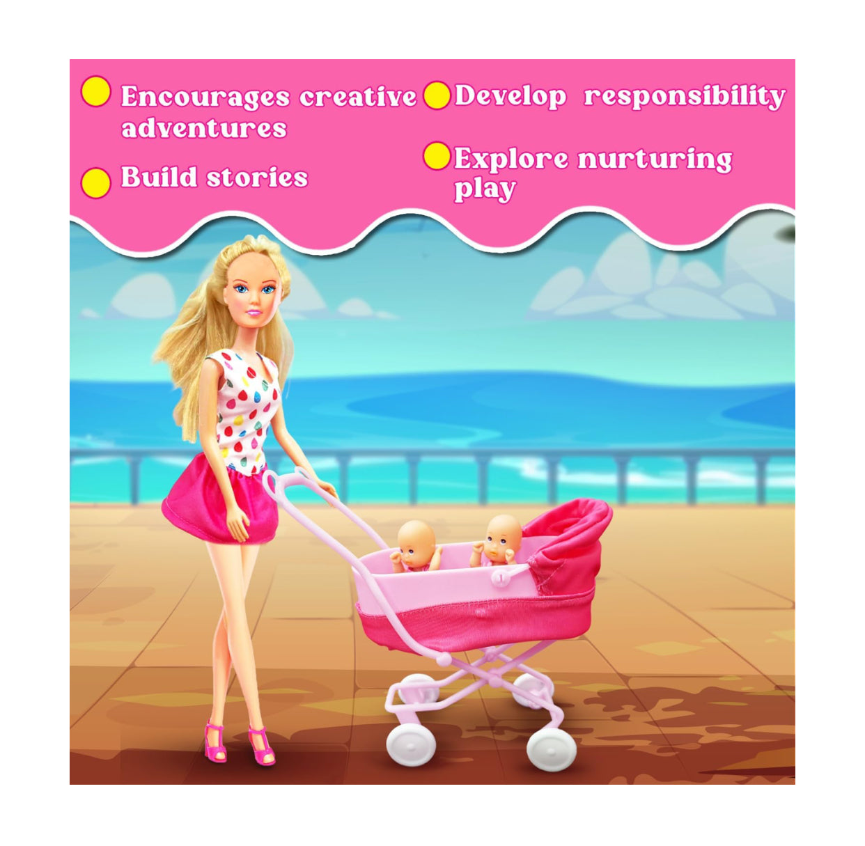 Sunshine Twins Doll Set – Mother Doll with Twin Babies & Pink Stroller