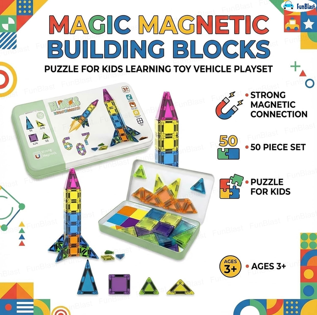 50-Piece Magnetic Building Blocks Set for Kids – Educational STEM Construction Toy with Storage Box