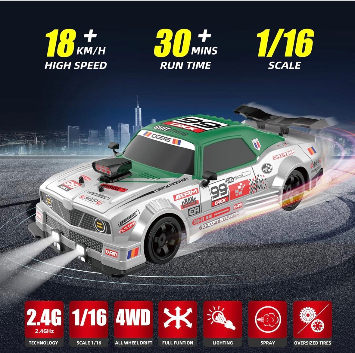 🏁 High-Speed RC Drift Racing Car – 2.4GHz Remote Control, LED Lights, Full Accessories Kit