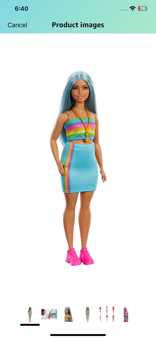 Barbie Fashion Doll – Rainbow Dress & Blue Hair (65th Anniversary Edition)