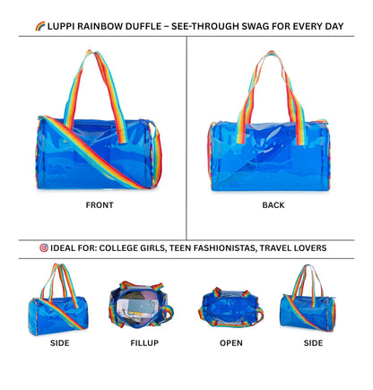 🌈 Transparent Blue Rainbow Duffel Bag – Trendy & Stylish