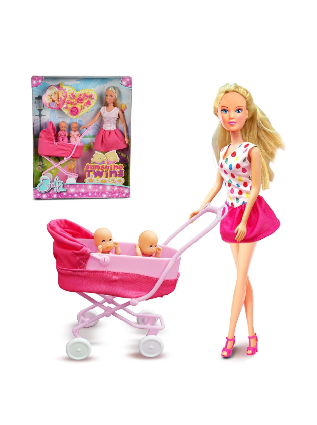 Sunshine Twins Doll Set – Mother Doll with Twin Babies & Pink Stroller