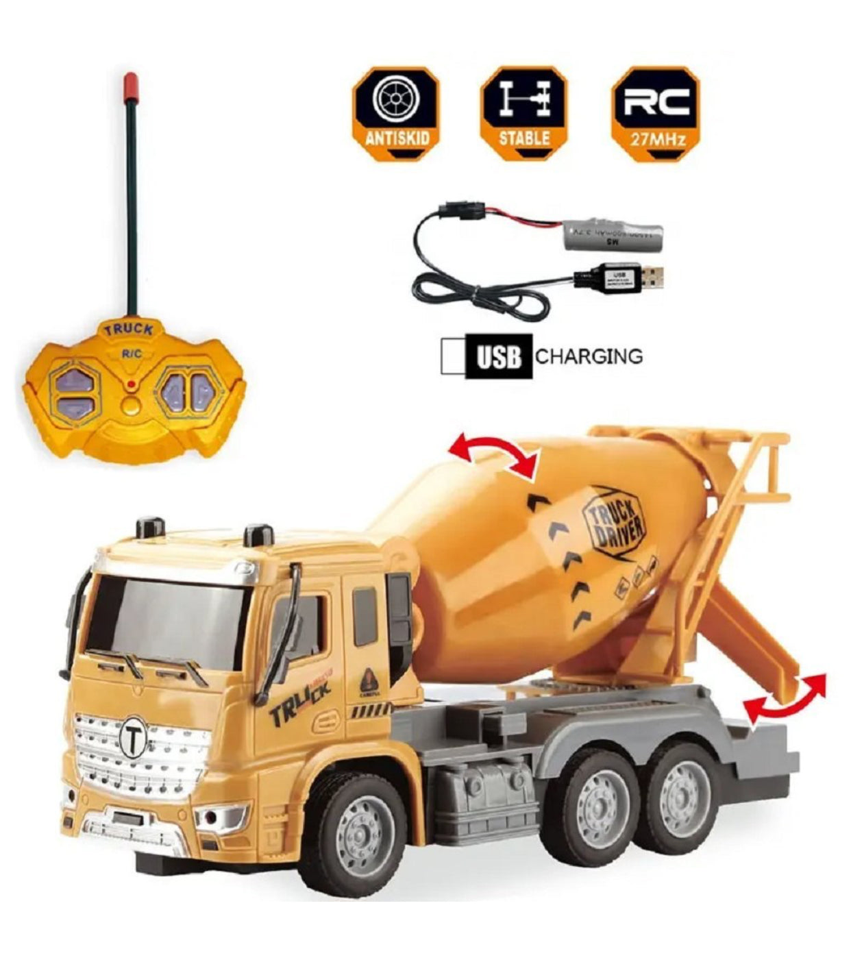 1:16 RC Construction Cement Mixer Truck – Remote Control Construction Vehicle Toy for Kids (32cm)