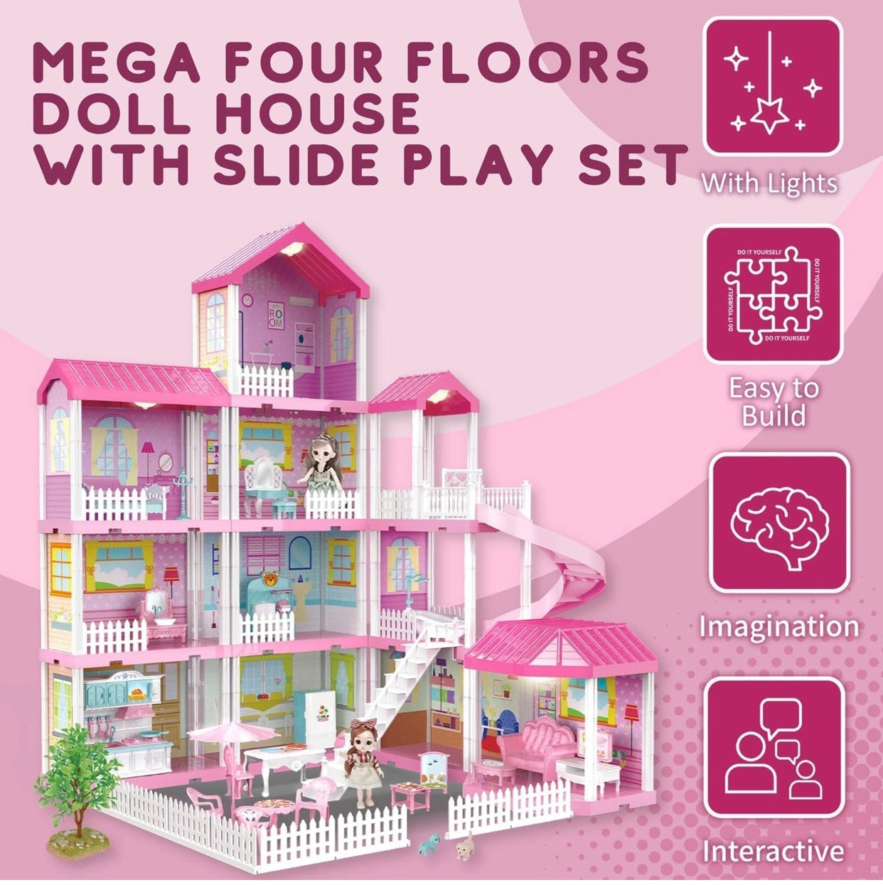 Luxury 4-Story Dollhouse Mansion Playset with Furniture, Dolls, Slide & Garden Accessories – Pink Dream House for Kids