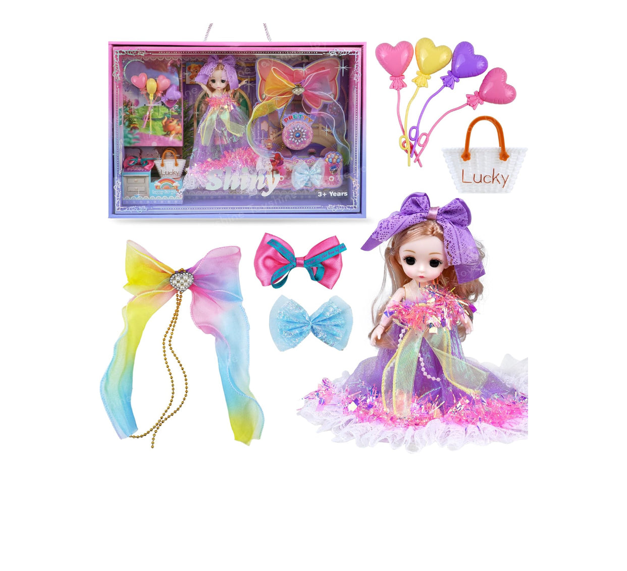 Shiny Princess Doll Gift Set – Rainbow Bows, Heart Balloons, Handbag & Accessories (3+ Years)