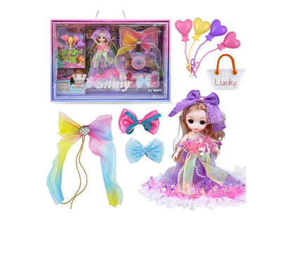 Shiny Princess Doll Gift Set – Rainbow Bows, Heart Balloons, Handbag & Accessories (3+ Years)