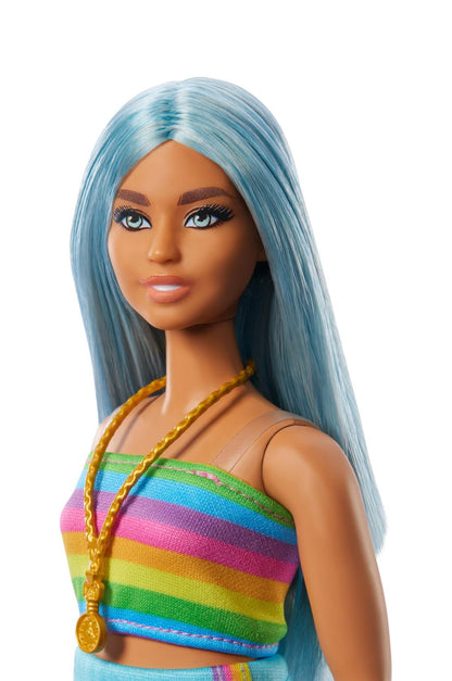Barbie Fashion Doll – Rainbow Dress & Blue Hair (65th Anniversary Edition)