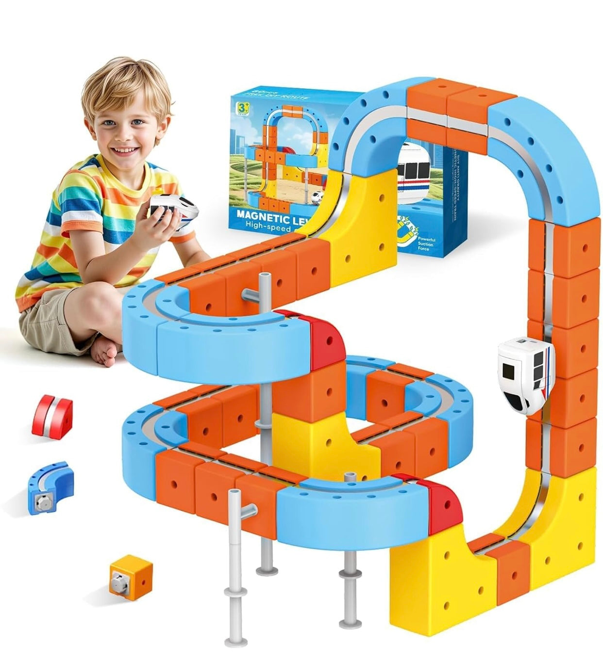 Magnetic Levitation Train Track Set for Kids – DIY Magnetic Building Blocks Racing Track Toy 80PCS