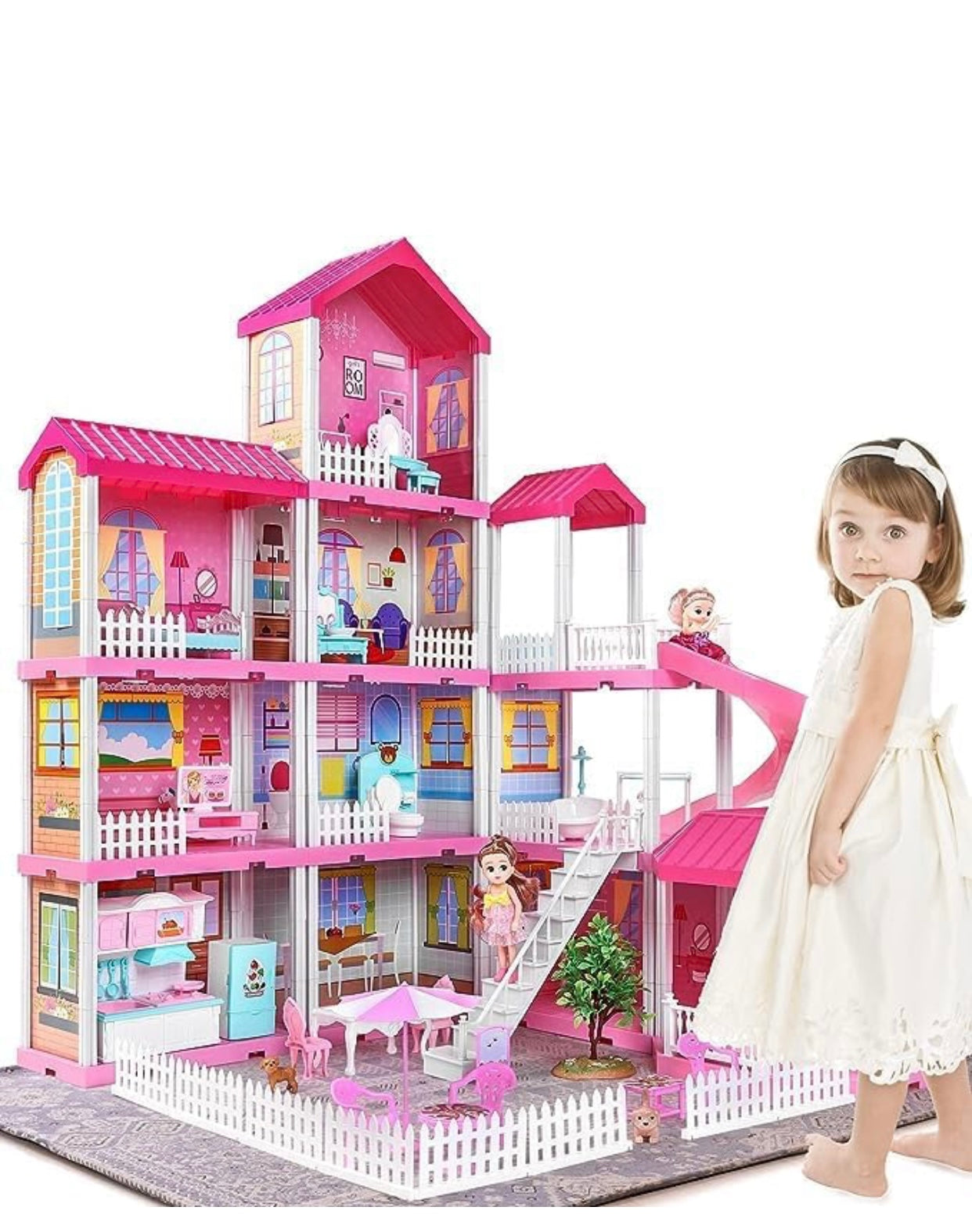 Luxury 4-Story Dollhouse Mansion Playset with Furniture, Dolls, Slide & Garden Accessories – Pink Dream House for Kids