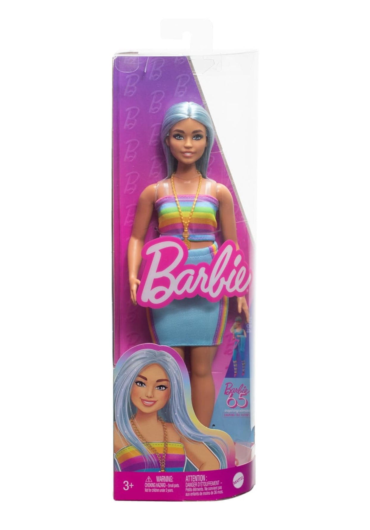 Barbie Fashion Doll – Rainbow Dress & Blue Hair (65th Anniversary Edition)