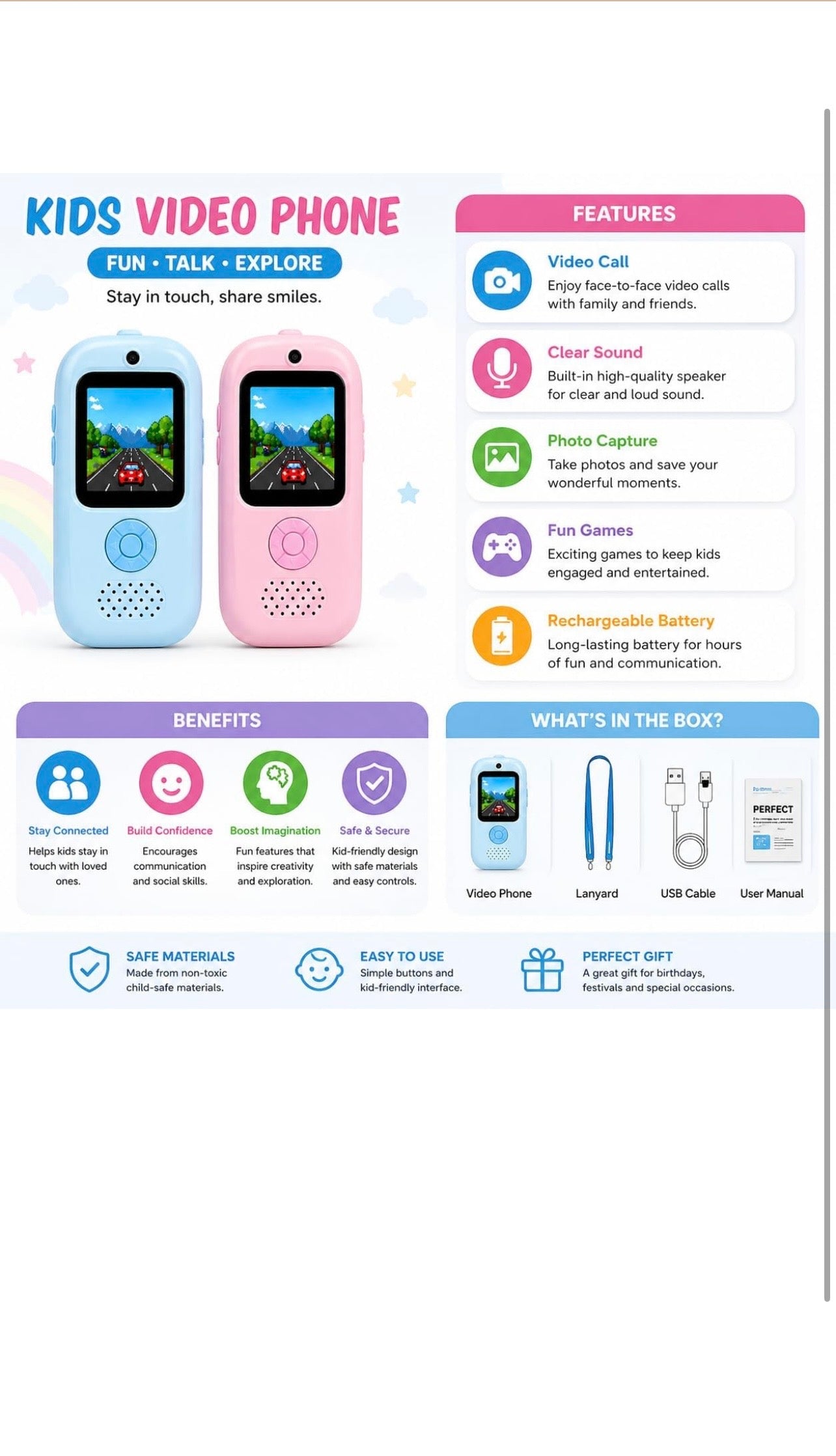 Kids Video Call Toy Phones – Walkie Talkie Camera Set (2 Pack, Blue & Pink)