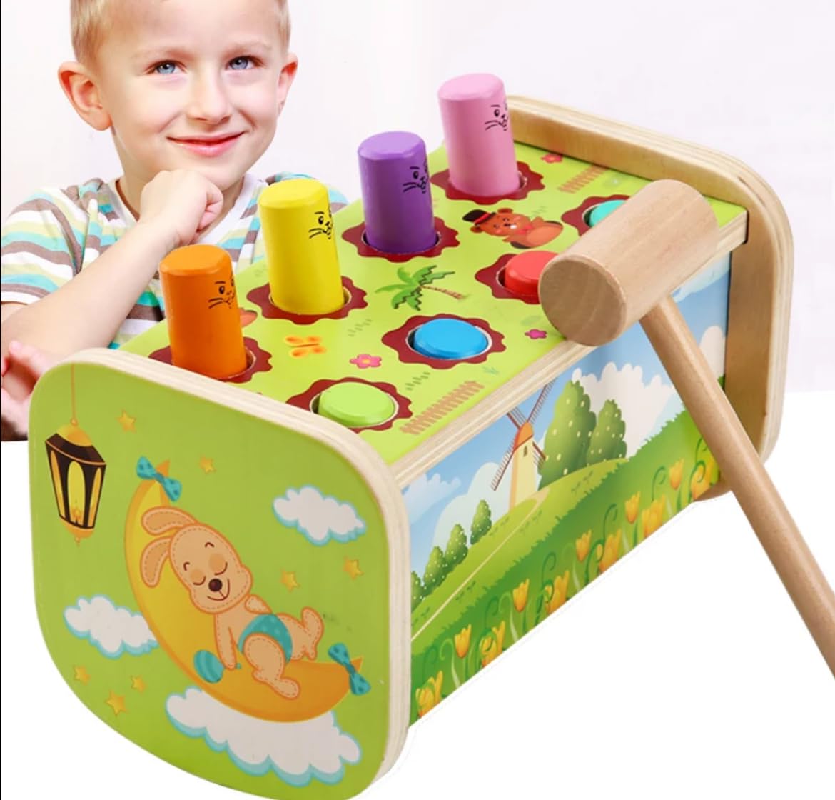 Wooden Pounding Toy with Hammer - Wack A Mole Game for Toddlers and Kids (Green) - Develops Fine Motor Skills, Hand-Eye Coordination, and Cognitive Abilities