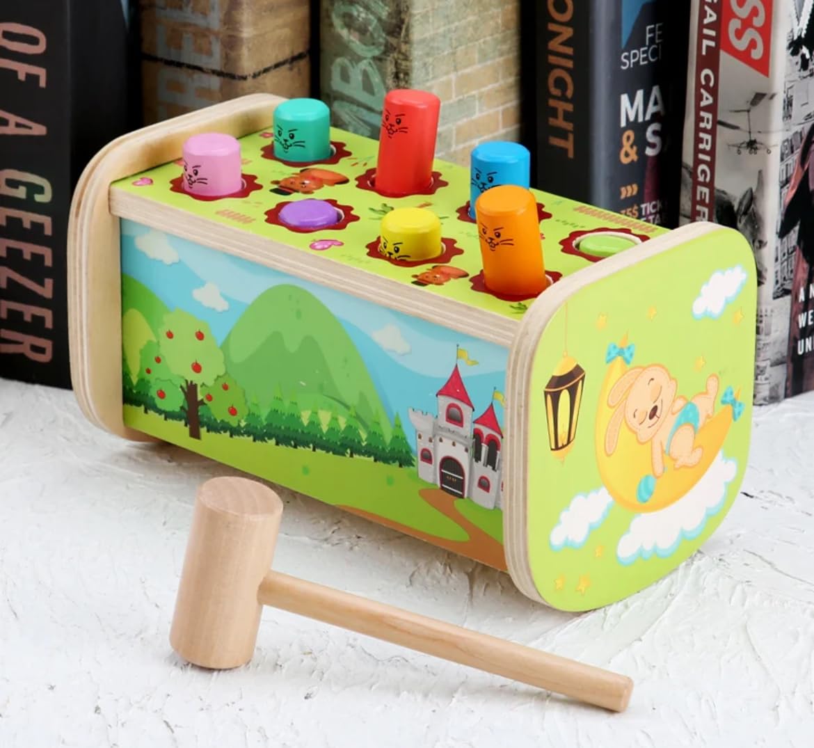Wooden Pounding Toy with Hammer - Wack A Mole Game for Toddlers and Kids (Green) - Develops Fine Motor Skills, Hand-Eye Coordination, and Cognitive Abilities