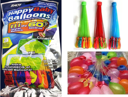 Happy Baby Self-Sealing Water Balloons – 111 pcs Quick Fill Bunch O Balloons (Fill & Tie 60 Seconds)