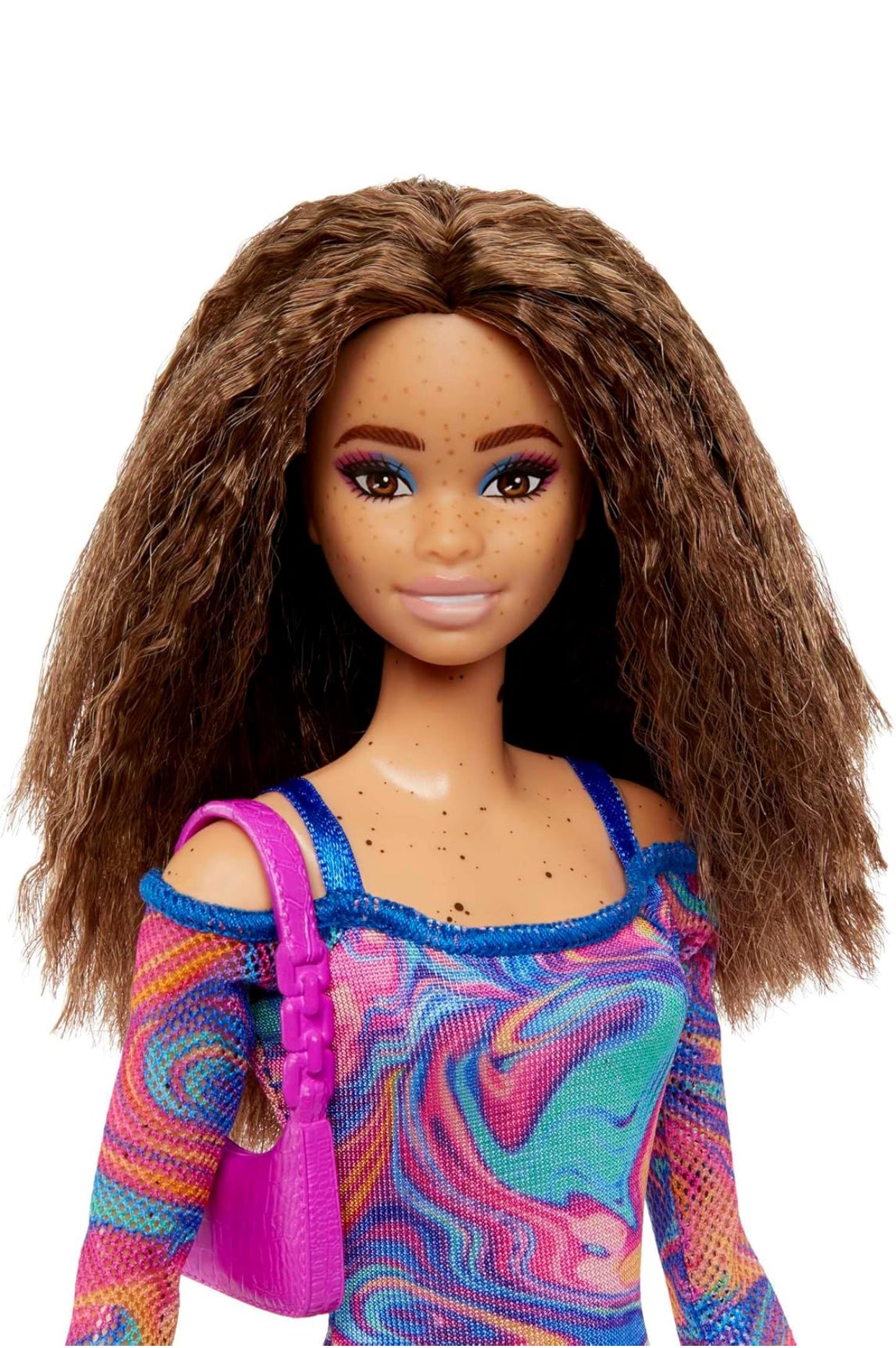 Barbie Fashion Doll – Color-Swirl Dress & Teal Heels | Sparkle Skin Edition