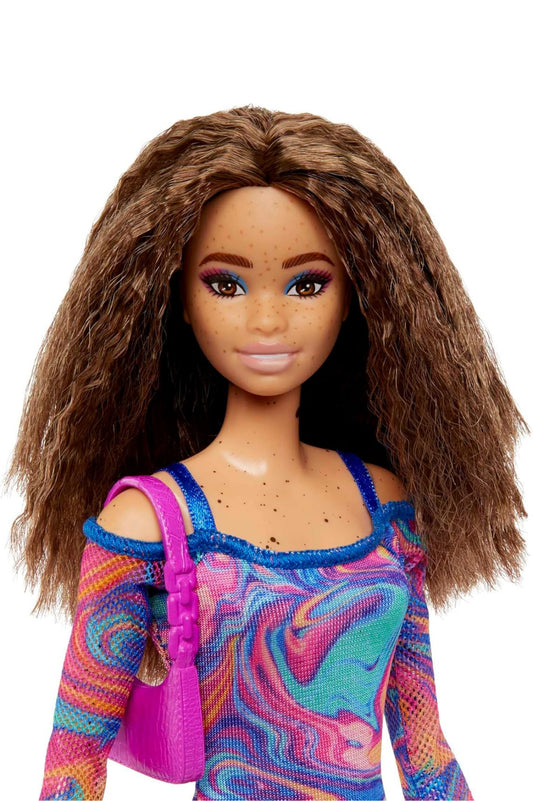 Barbie Fashion Doll – Color-Swirl Dress & Teal Heels | Sparkle Skin Edition