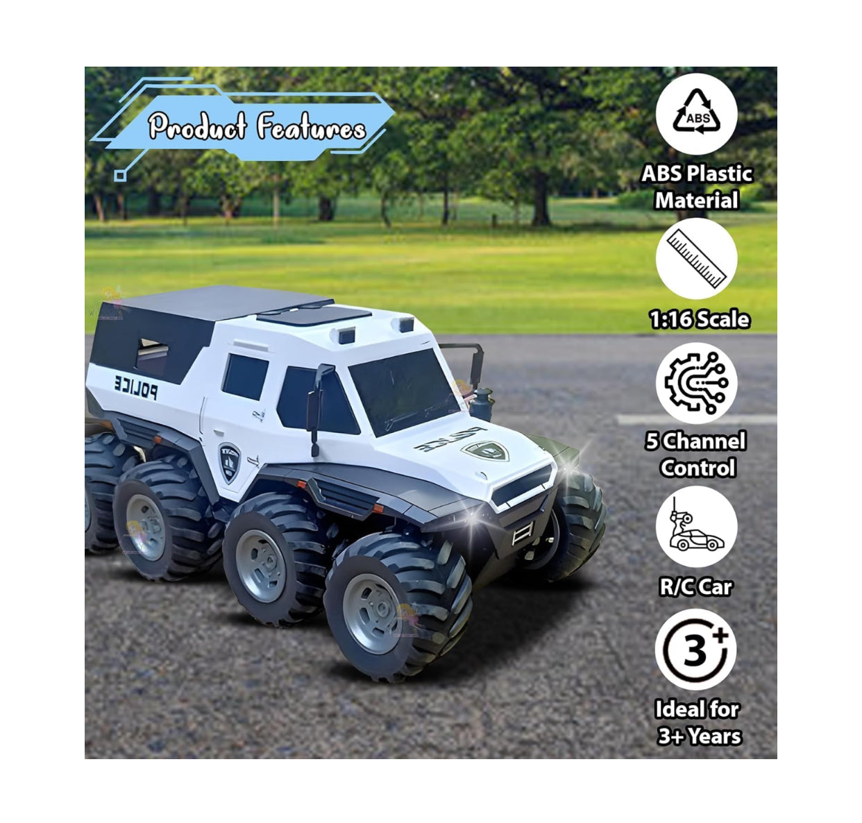 🚓 6-Wheel RC Police Truck – Heavy-Duty Remote Control Vehicle for Kids