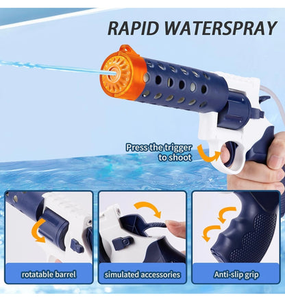 Automatic electric water gun with large-capacity backpack tank – perfect for long summer water battles 

Electric Revolver Water Gun with Backpack Water Tank | Rechargeable High-Pressure Water Blaster