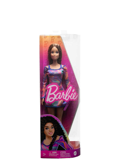 Barbie Fashion Doll – Color-Swirl Dress & Teal Heels | Sparkle Skin Edition