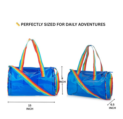 🌈 Transparent Blue Rainbow Duffel Bag – Trendy & Stylish
