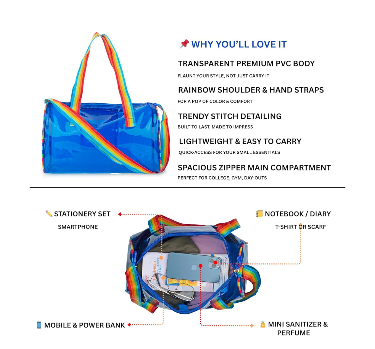 🌈 Transparent Blue Rainbow Duffel Bag – Trendy & Stylish