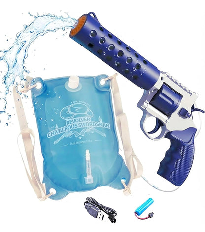 Automatic electric water gun with large-capacity backpack tank – perfect for long summer water battles 

Electric Revolver Water Gun with Backpack Water Tank | Rechargeable High-Pressure Water Blaster