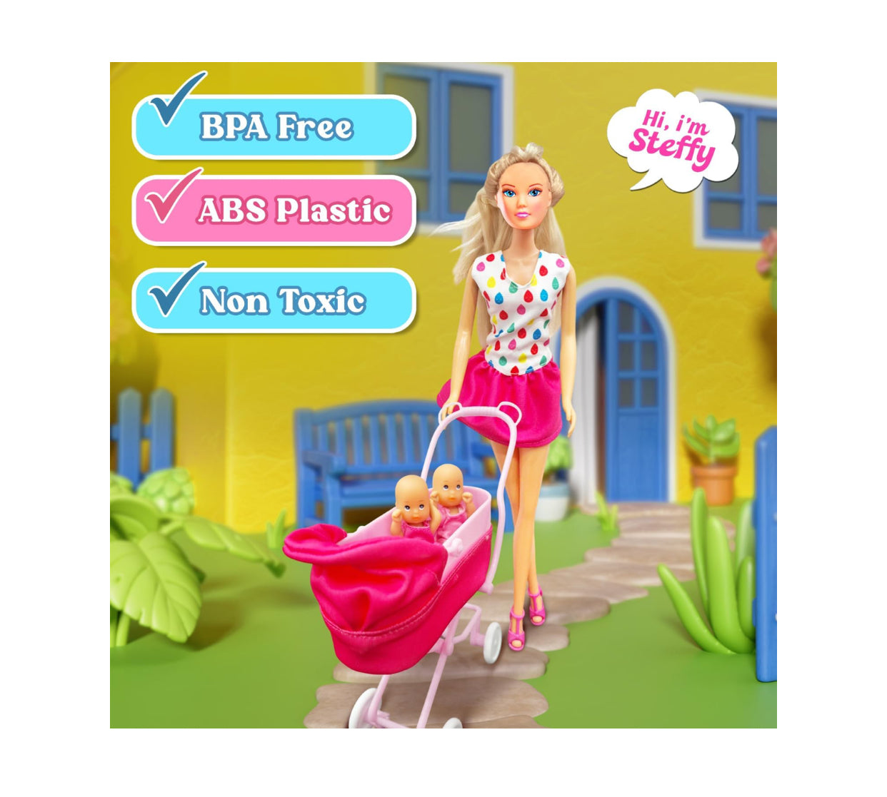 Sunshine Twins Doll Set – Mother Doll with Twin Babies & Pink Stroller