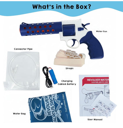 Automatic electric water gun with large-capacity backpack tank – perfect for long summer water battles 

Electric Revolver Water Gun with Backpack Water Tank | Rechargeable High-Pressure Water Blaster