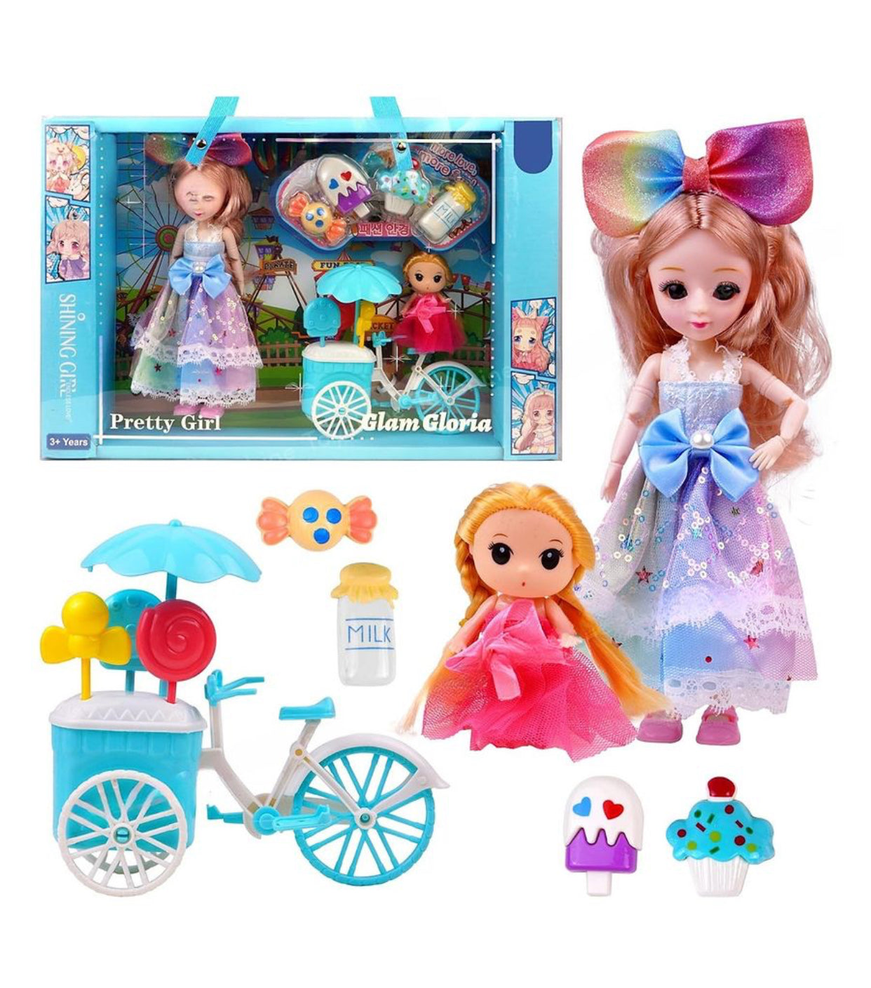 Pretty Girl Glam Gloria Doll Playset – Ice Cream Cart, Mini Doll & Accessories (3+ Years)