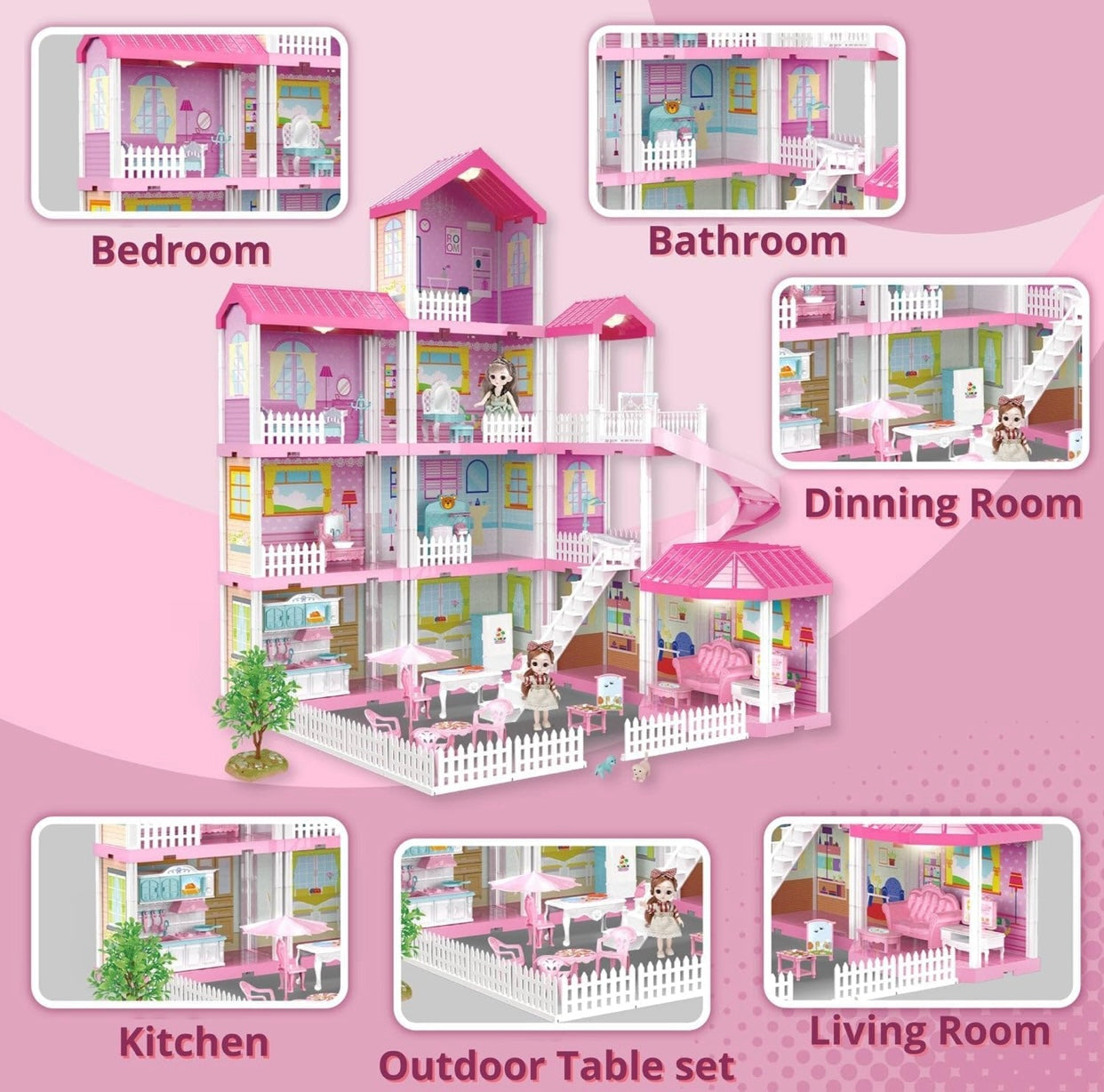 Luxury 4-Story Dollhouse Mansion Playset with Furniture, Dolls, Slide & Garden Accessories – Pink Dream House for Kids