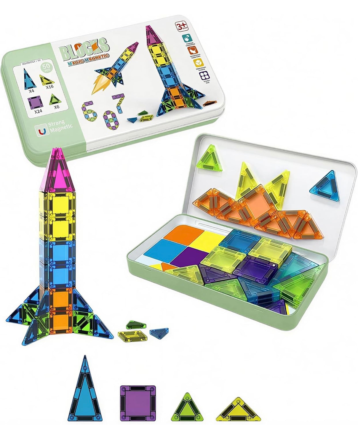 50-Piece Magnetic Building Blocks Set for Kids – Educational STEM Construction Toy with Storage Box