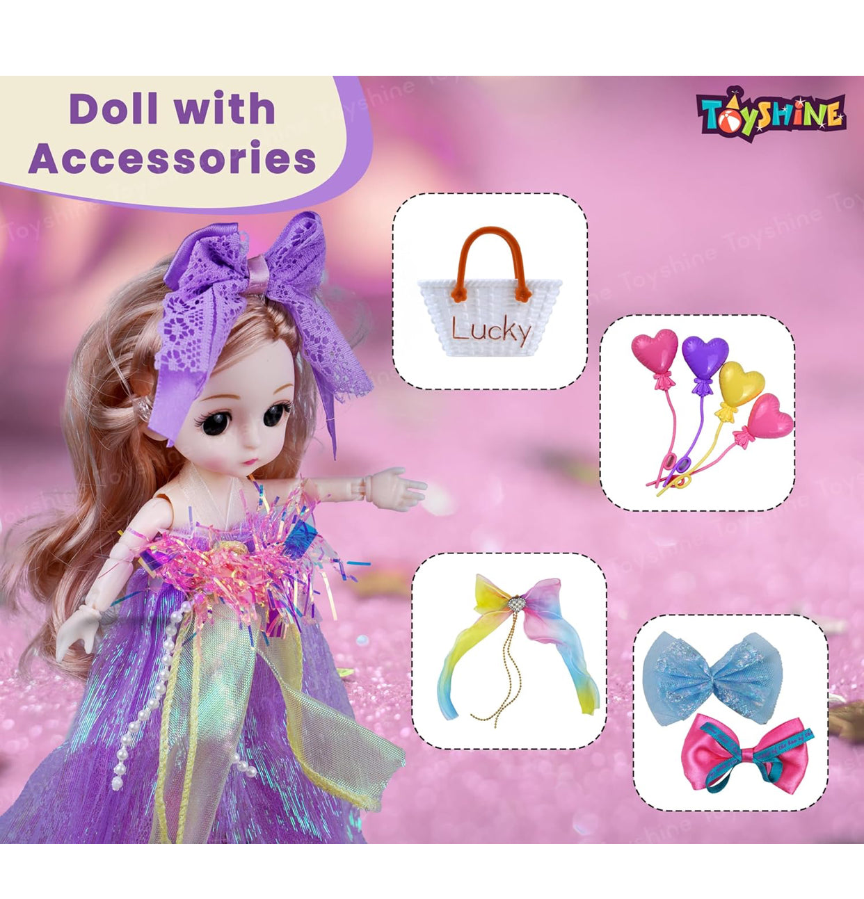 Shiny Princess Doll Gift Set – Rainbow Bows, Heart Balloons, Handbag & Accessories (3+ Years)