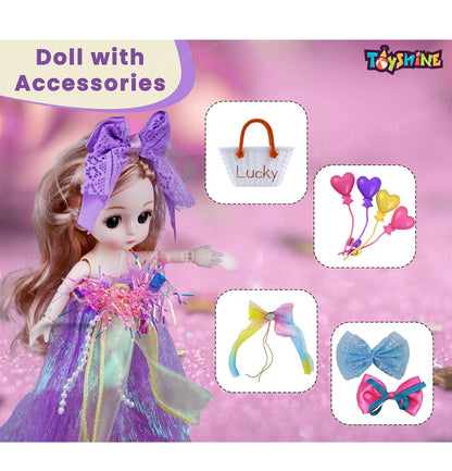 Shiny Princess Doll Gift Set – Rainbow Bows, Heart Balloons, Handbag & Accessories (3+ Years)