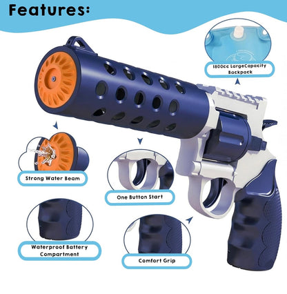 Automatic electric water gun with large-capacity backpack tank – perfect for long summer water battles 

Electric Revolver Water Gun with Backpack Water Tank | Rechargeable High-Pressure Water Blaster