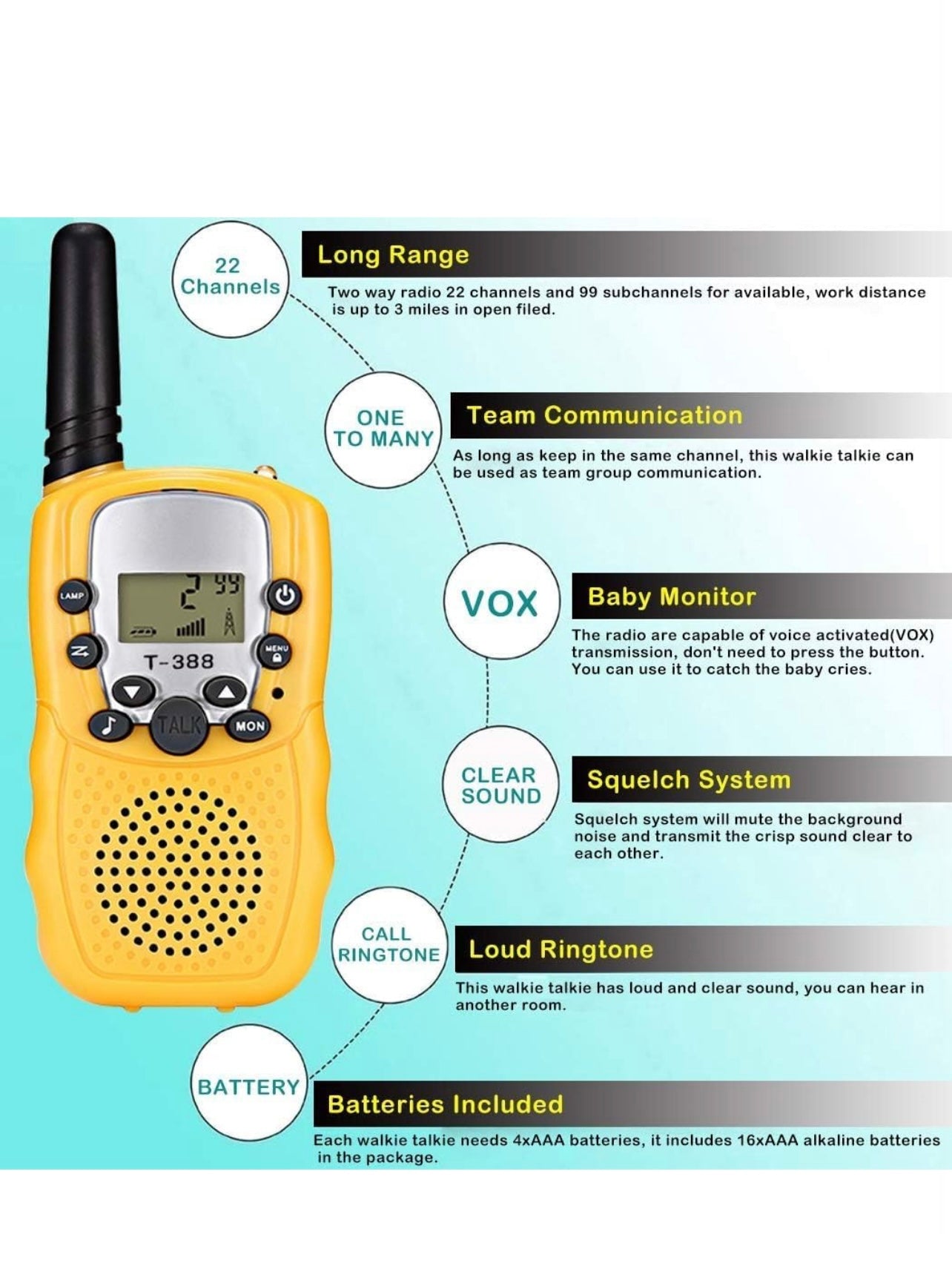 Kids Walkie Talkie Set – Long Range Two-Way Radio Toys (Blue & Yellow, T-388 Model)