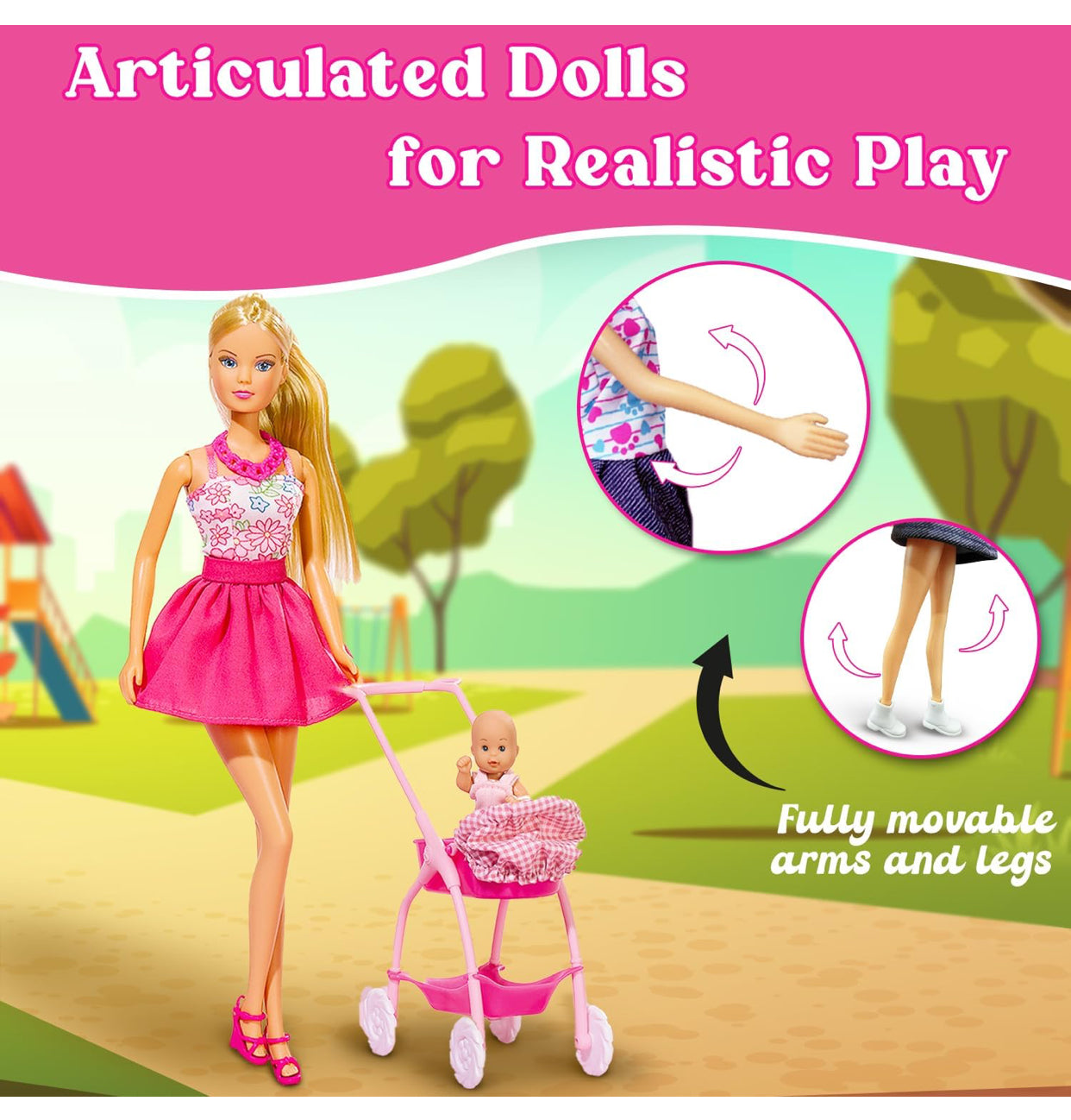 Steffi Love Baby Walk Doll Set – Fashion Doll with Baby & Stroller