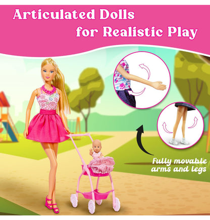 Steffi Love Baby Walk Doll Set – Fashion Doll with Baby & Stroller