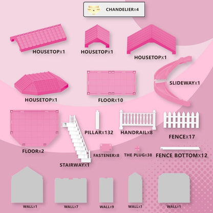 Luxury 4-Story Dollhouse Mansion Playset with Furniture, Dolls, Slide & Garden Accessories – Pink Dream House for Kids
