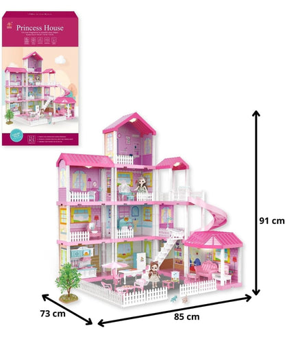 Luxury 4-Story Dollhouse Mansion Playset with Furniture, Dolls, Slide & Garden Accessories – Pink Dream House for Kids
